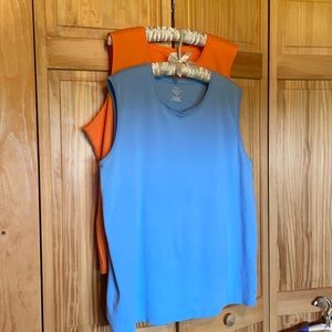 Peach and light blue sleeveless knit tops